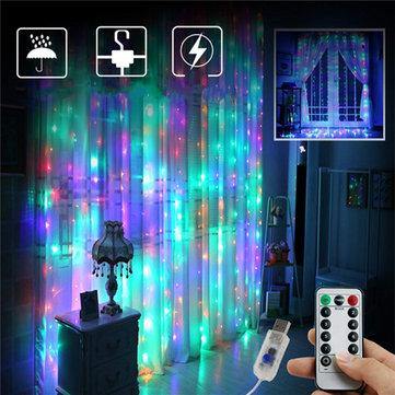 3M*2M USB 8 Modes Remote Control 200 LED Curtain String Light with 10 Hooks Festival Christmas Wedding Decor - MRSLM