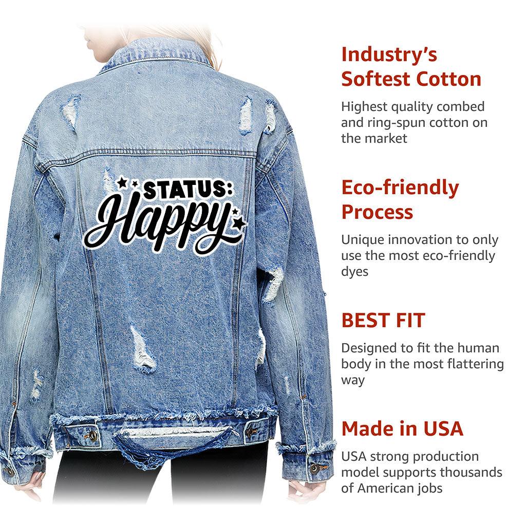 Status Happy Women's Oversized Denim Jacket - Cute Ladies Denim Jacket - Printed Denim Jacket - MRSLM