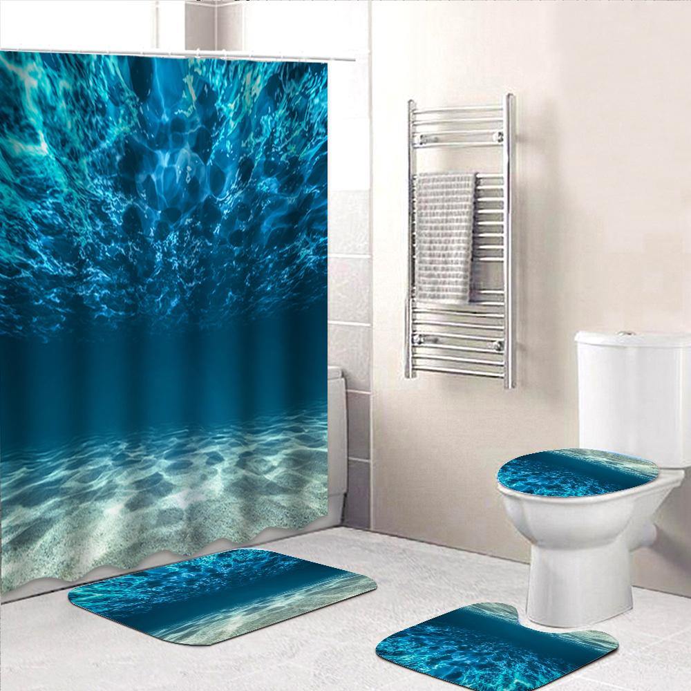 Blue Sea Ocean Style Bathroom Waterproof Shower Curtain Toilet Cover Mat Non-Slip Rugs Decor - MRSLM