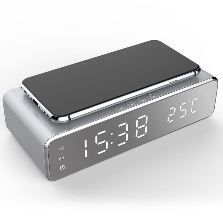 USB Digital LED Desk Alarm Clock With Thermometer Wireless Charger For Samsung Huawei (Silver) - MRSLM