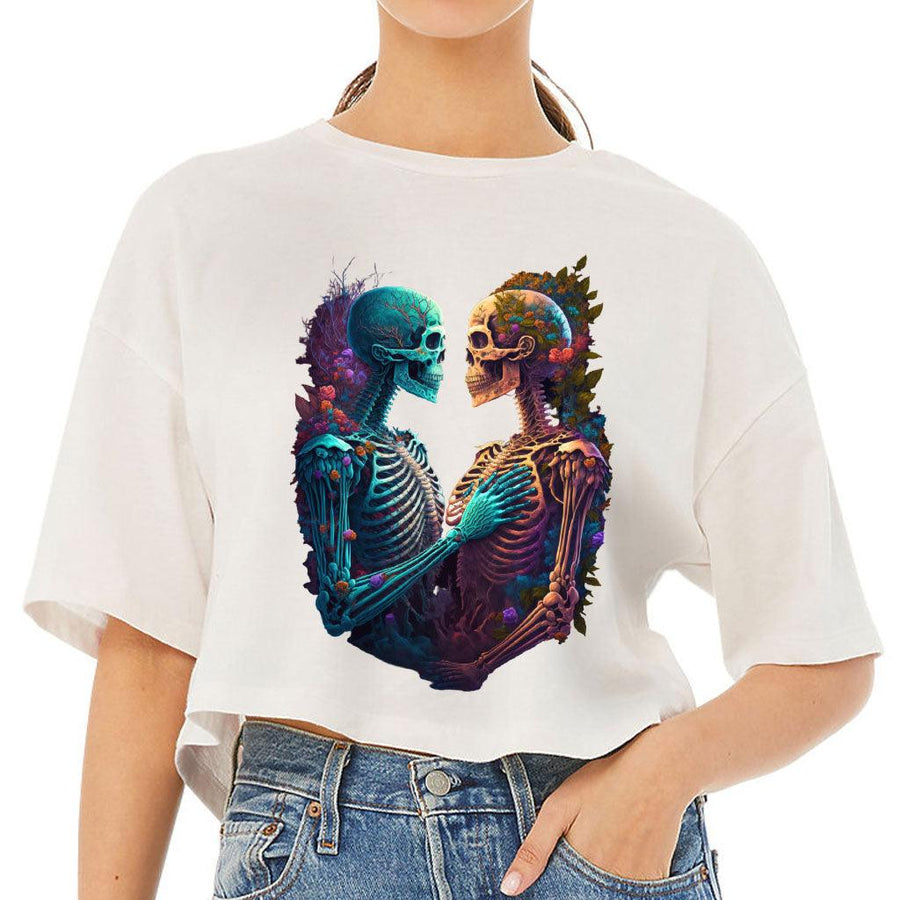 Skeleton Couple Women's Crop Tee Shirt - Floral Cropped T-Shirt - Printed Crop Top - MRSLM