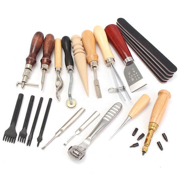 20pcs Wood Handle Leather Craft Tool Kit Leather Hand Sewing Tool Punch Cutter DIY Set - MRSLM