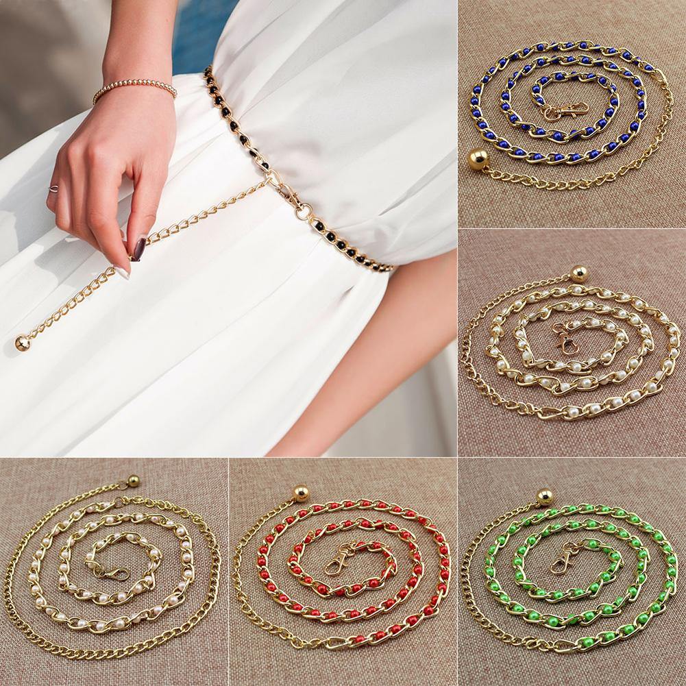 Women Faux Pearl Metal Thin Waist Chain Belt Bead Tie Waistband Strap Fashion - MRSLM