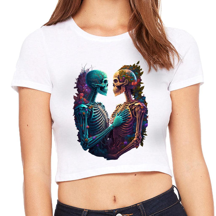 Skeleton Couple Women's Cropped T-Shirt - Floral Crop Top - Printed Cropped Tee - MRSLM