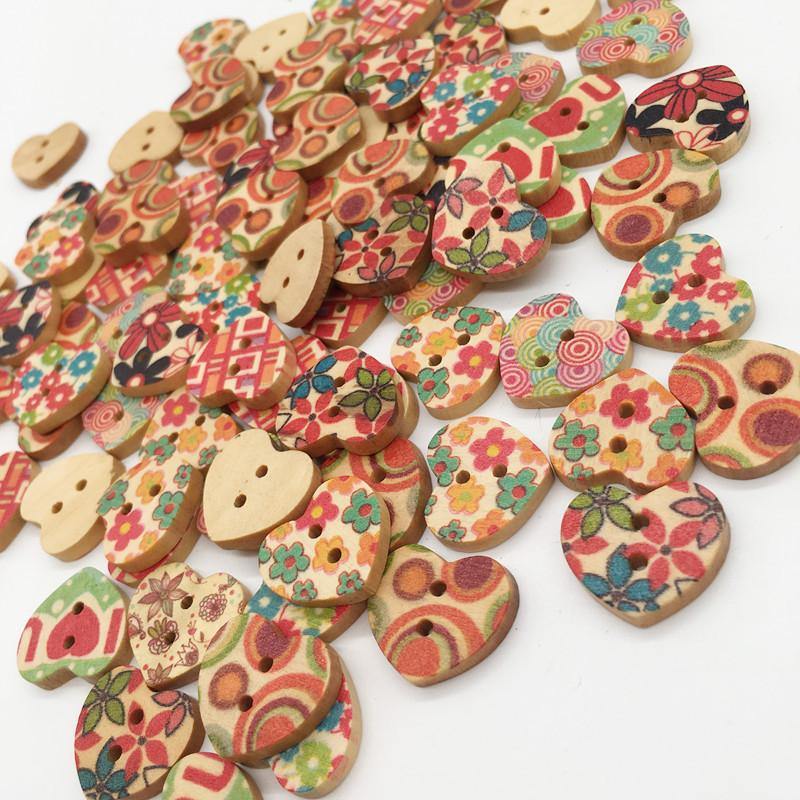 100 PCS Heart Shape Wooden Button Mixed 2 Hole Natural Sewing Children Handmade Clothes Buttons (Heart Shape) - MRSLM