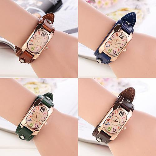 Women Fashion Casual Faux Leather Strap Oblong Case Quartz Wrist Watch - MRSLM