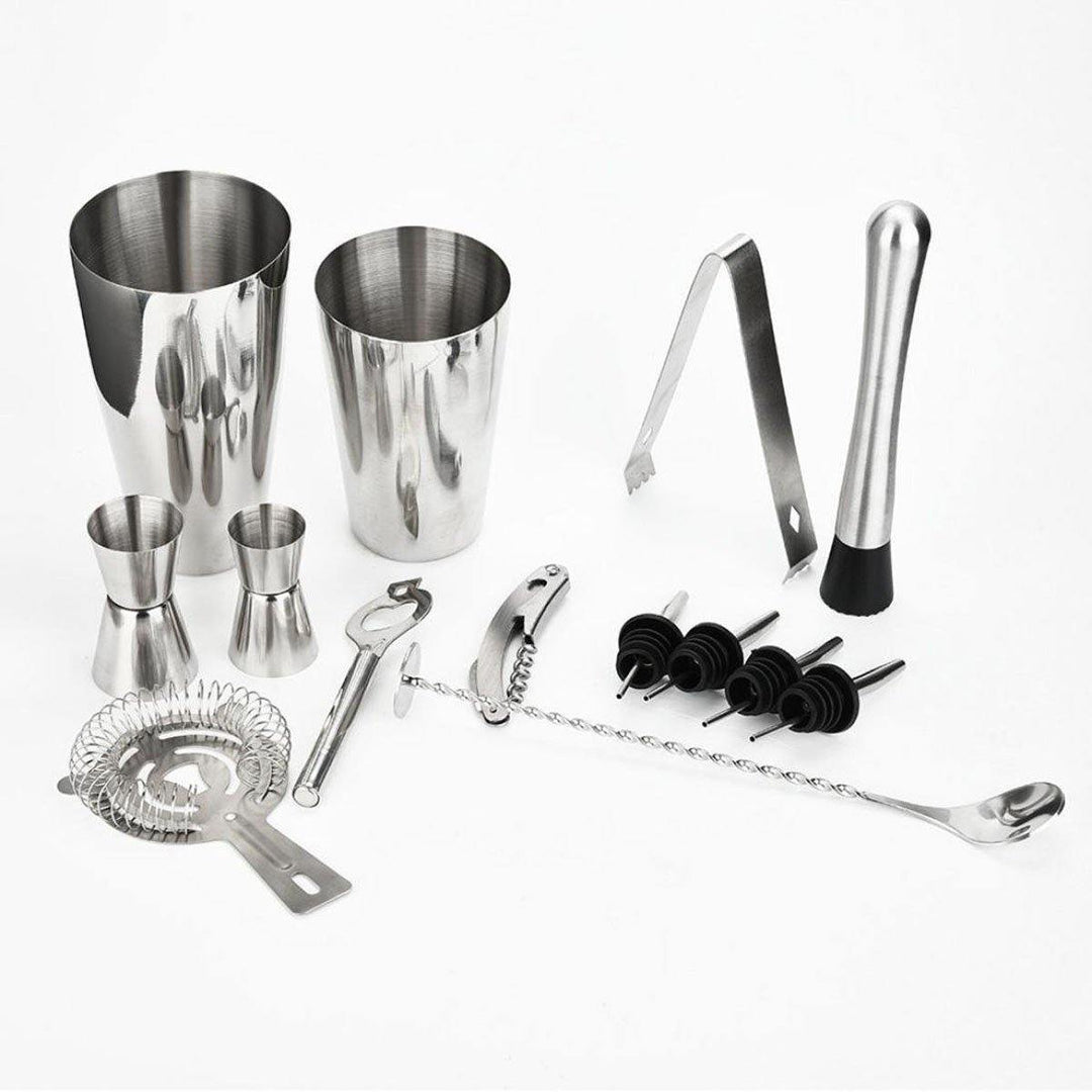 14Pcs Cocktail Maker Set Shaker Glass Twisted Bar Spoon Strainer Wood Muddler - MRSLM