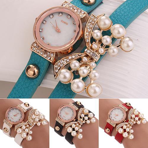 Women's Butterfly Faux Pearls Bracelet Faux Leather Rhinestone Wrap Wrist Watch - MRSLM