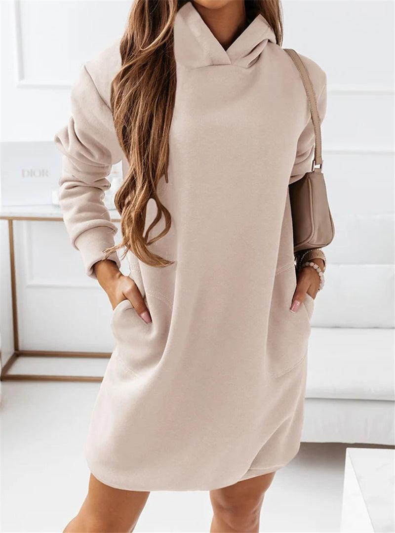 Fashion Hooded Long-sleeved Solid Color Women's Dress - MRSLM