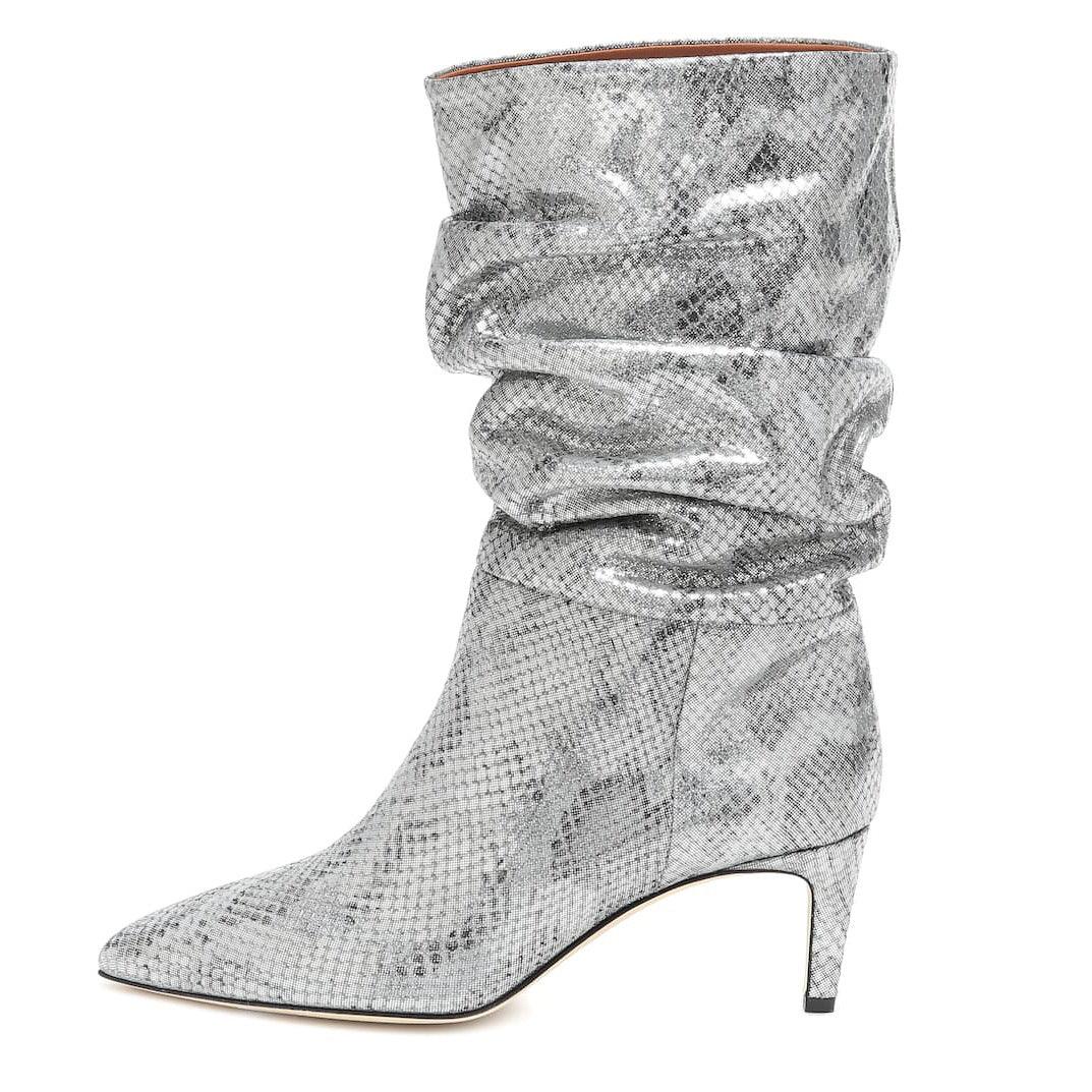 Pointed Toe Stiletto High Heel Snake Print Pleated Mid-top Boots Purple And Silver Women's Boots - MRSLM