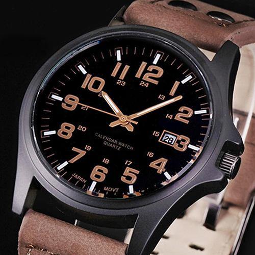 Men's Date Arabic Numerals Dial Faux Leather Band Sport Quartz Wrist Watch - MRSLM