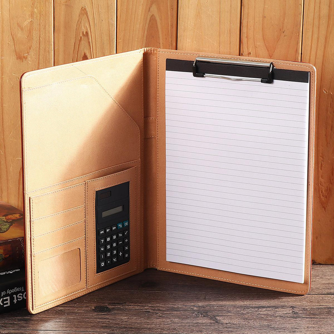 A4 Folder Soft Leather Portfolio Organiser with Calculator Travel Journal Daily Plan Notebook Business Office Writing - MRSLM