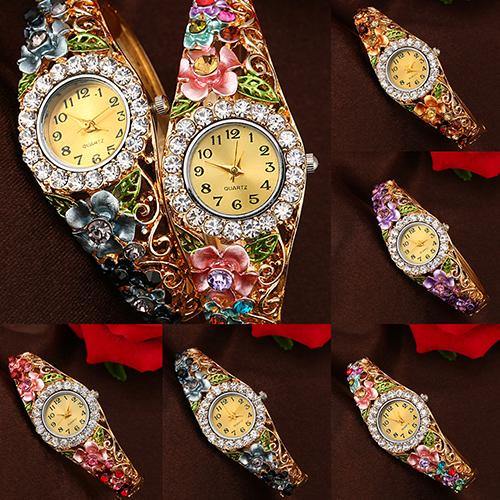 Women's Beautiful Flower Band Hollow Out Bangle Crystal Quartz Bracelet Watch Jewelry - MRSLM