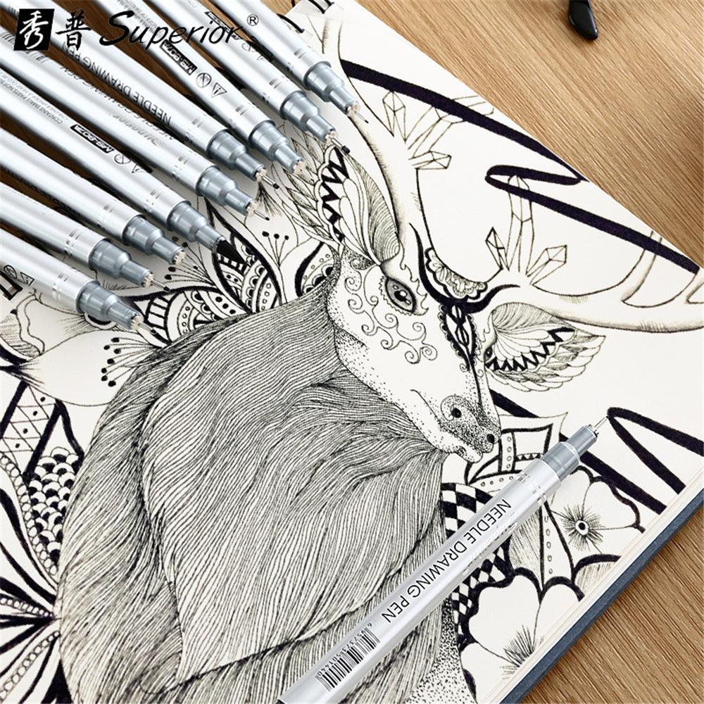 Superior MS-807A 10Pcs Waterproof Neddle Pen Precision Micro-Line Pens Black Micro-Pen Fineliner Ink Pen Waterproof Calligraphy Artist Illustration Anime Sketching Pen Set - MRSLM