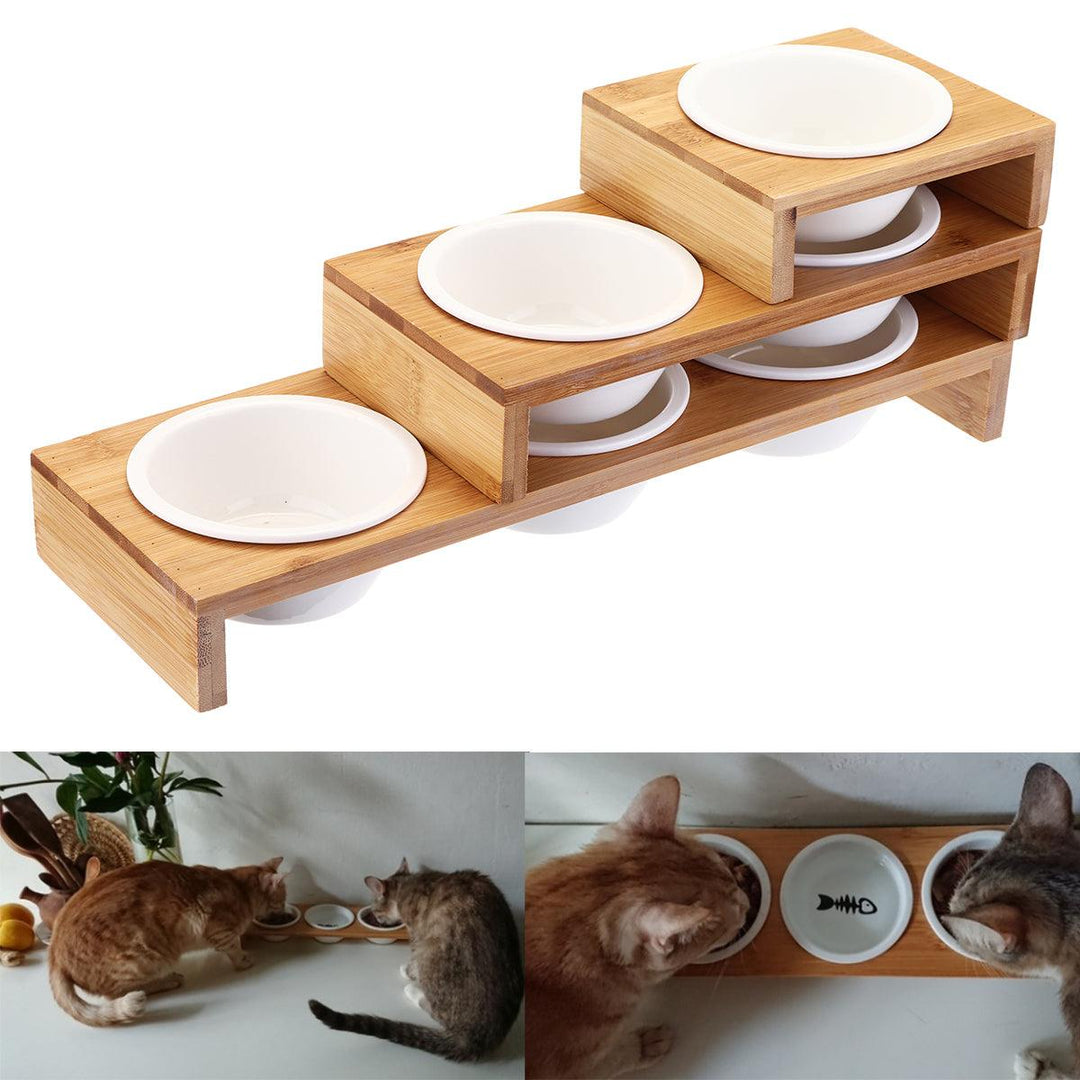 Elevated Dog Cat Bamboo Pet Feeder Ceramic Bowl Raised Stand 3 Sizes Durable - MRSLM