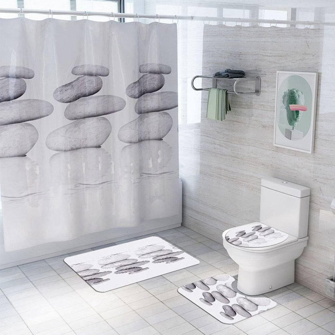 Waterproof Stone Reflection Shower Curtain Set Bathroom Toilet Four-piece Floor Mat Door Mat Toilet Cover Bathroom Carpet 4/3/1pcs - MRSLM