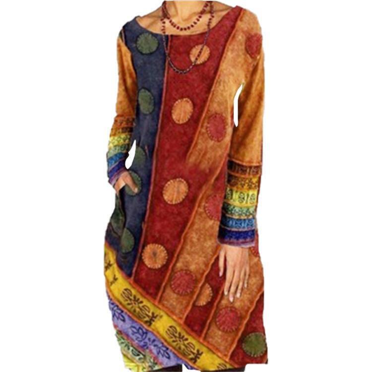 Ethnic Casual Loose Printed Dress Round Neck Long Sleeves - MRSLM