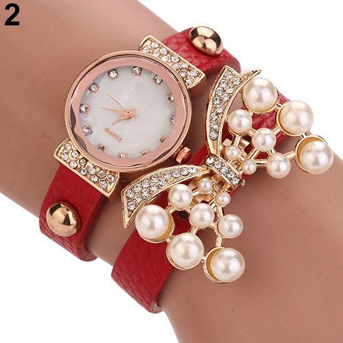 Women's Butterfly Faux Pearls Bracelet Faux Leather Rhinestone Wrap Wrist Watch - MRSLM