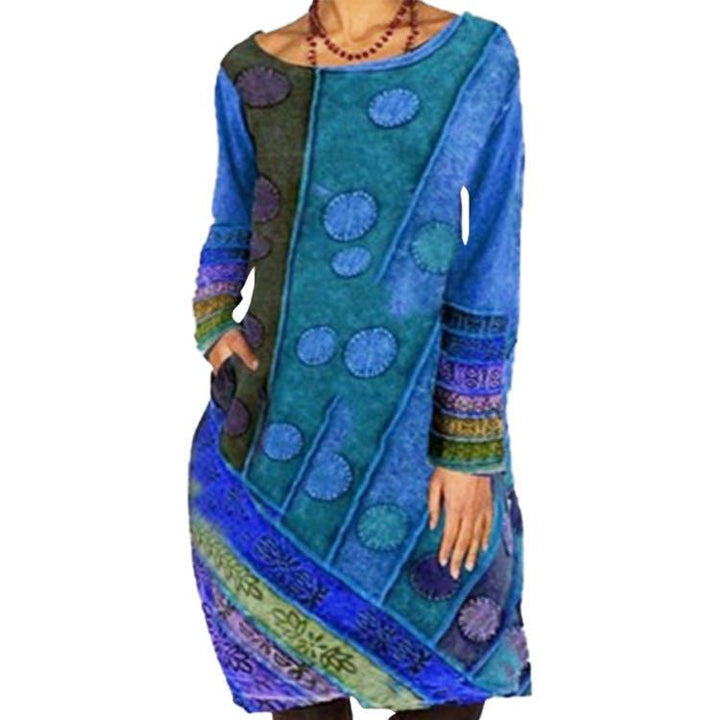 Ethnic Casual Loose Printed Dress Round Neck Long Sleeves - MRSLM