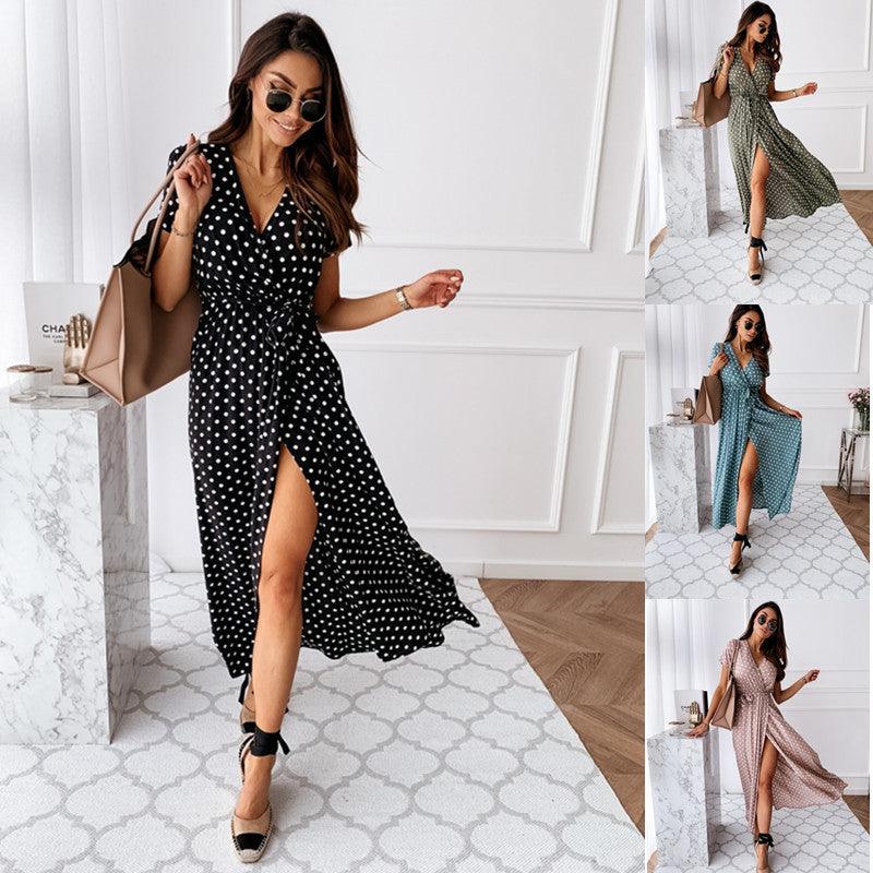 V-neck Bohemian Polka Dot Print Dress Long Skirt - MRSLM