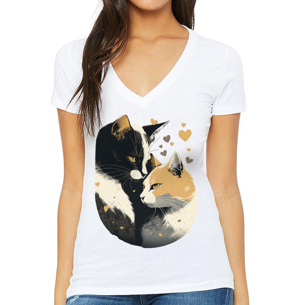 Cat Love Women's V-Neck T-Shirt - Couple Style V-Neck Tee - Printed T-Shirt - MRSLM