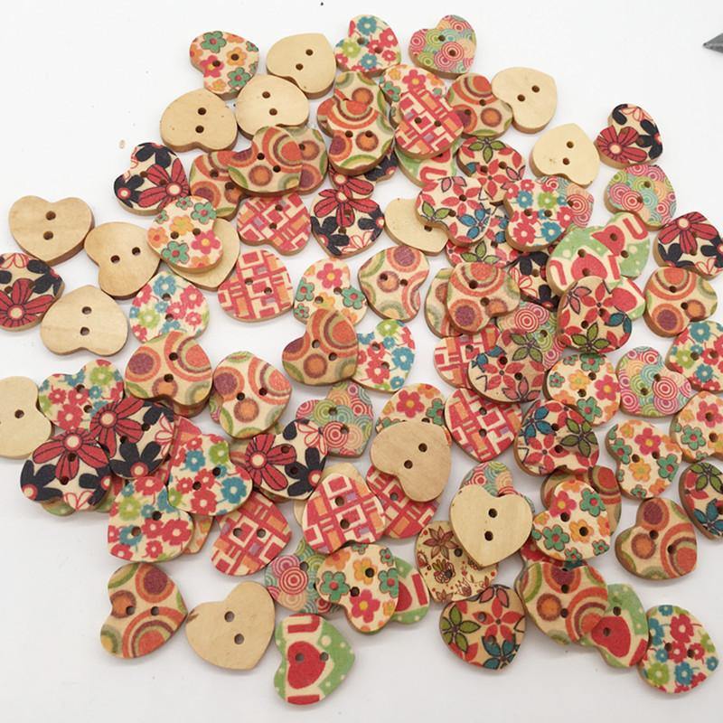 100 PCS Heart Shape Wooden Button Mixed 2 Hole Natural Sewing Children Handmade Clothes Buttons (Heart Shape) - MRSLM