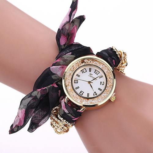 Fashion Geneva Lady Girl Flower Print Cloth Quartz Bracelet Dress Wrist Watch - MRSLM