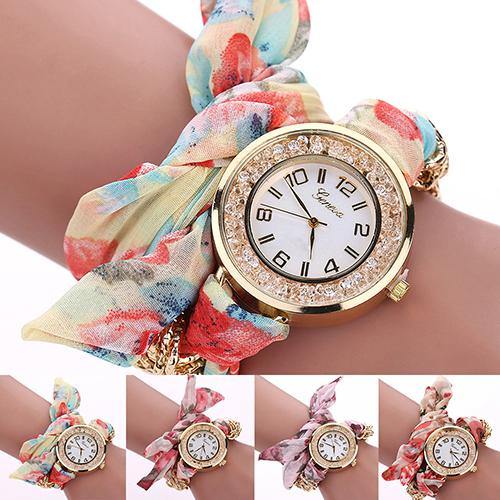 Fashion Geneva Lady Girl Flower Print Cloth Quartz Bracelet Dress Wrist Watch - MRSLM