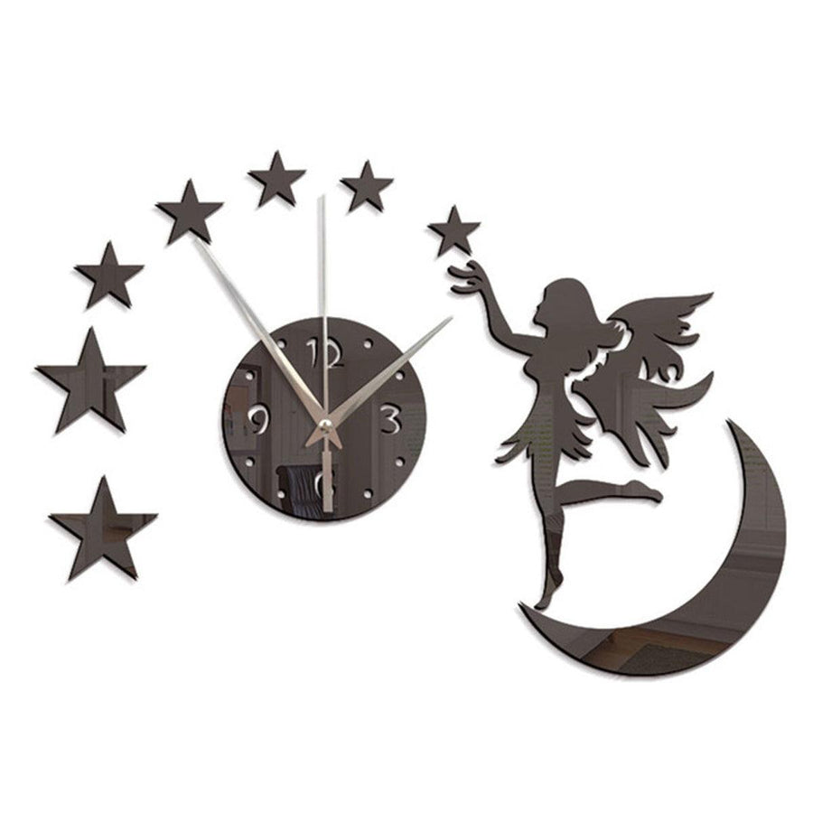 3D DIY Clock Acrylic Mirror Wall Sticker Fairy Angel Moon Star TV Backdrop Home Bedroom Wall Decoration Art Supplies - MRSLM