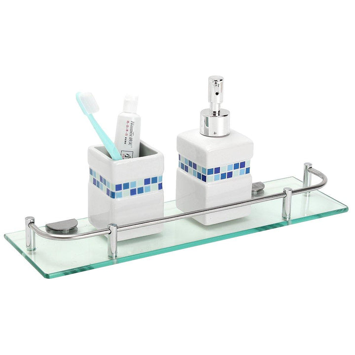 Modern Wall Mount Glass Shelf Rectangular Bathroom Shower Storage Rack Shelf with Rail - MRSLM