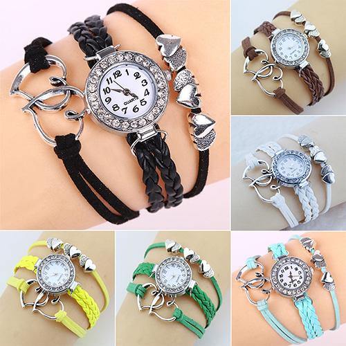 Double Heart Multilayer Cuff Bracelet Wristwatch Faux Leather Knited Bangle Watch - MRSLM