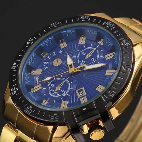 Luxury Men Golden Color Band Stainless Steel Date Quartz Analog Sport Wrist Watch - MRSLM