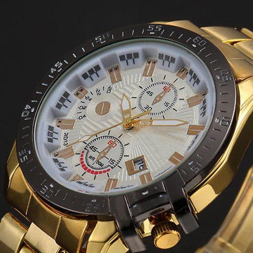 Luxury Men Golden Color Band Stainless Steel Date Quartz Analog Sport Wrist Watch - MRSLM