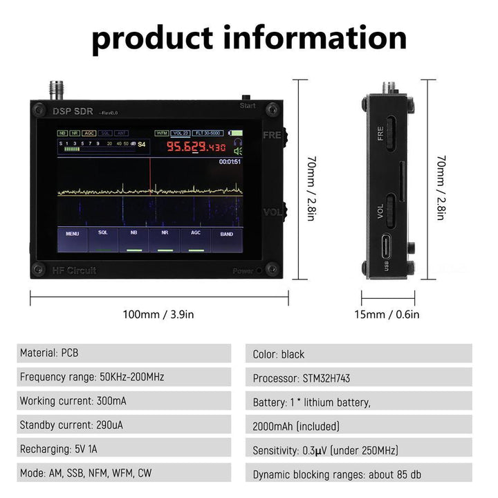 Ultra-thin 50KHz-200MHz Malahit SDR Receiver Malachite DSP Software Defined Radio 3.5" Display Battery Inside Nice Sound - Black 400MHz~2GHz - MRSLM