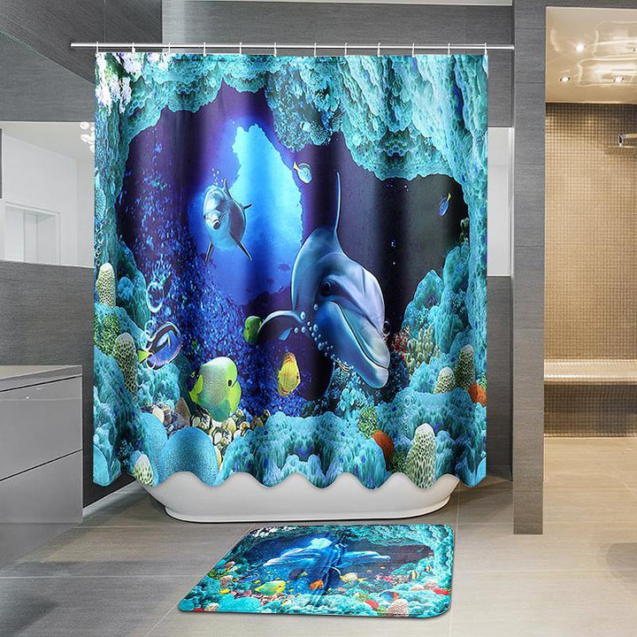 180x180cm Blue Dolphin Deep Sea Waterproof Bathroom Shower Curtain with 12 Hooks - MRSLM