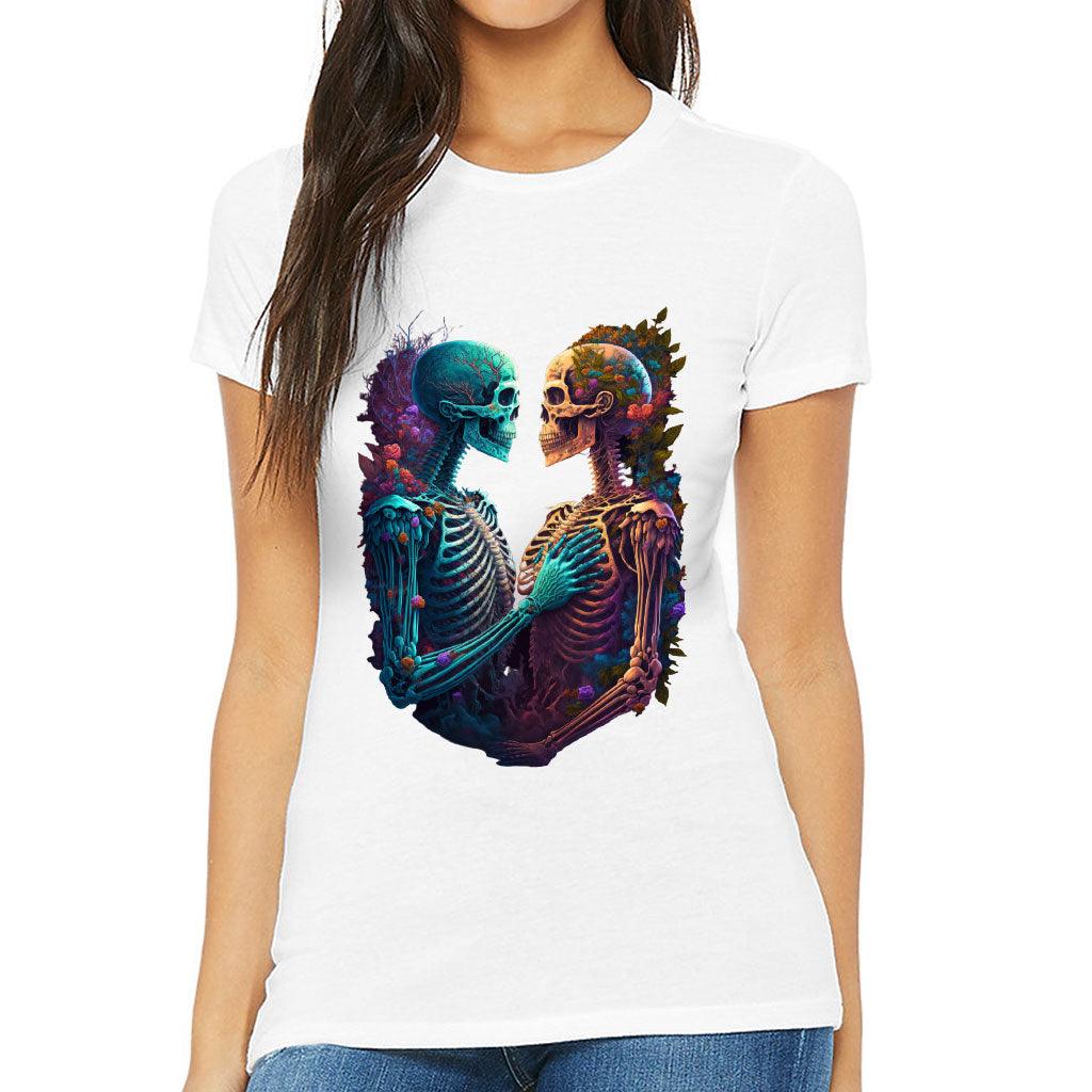 Skeleton Couple Slim Fit T-Shirt - Floral Women's T-Shirt - Printed Slim Fit Tee - MRSLM