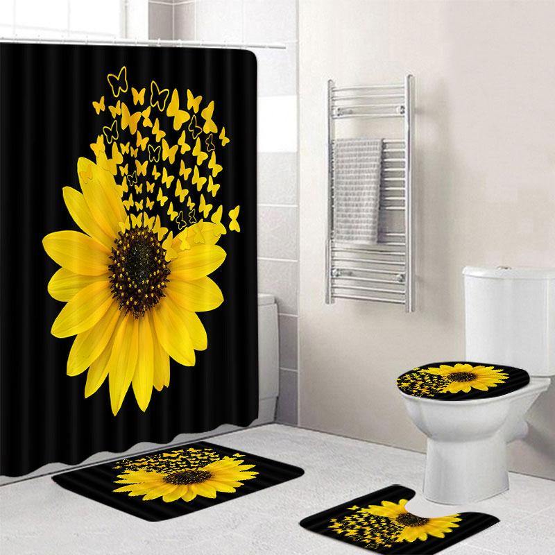 Sunflower Butterfly Print Waterproof Bathroom Shower Curtain Toilet Cover Carpet Toilet Mat Set Decor - MRSLM