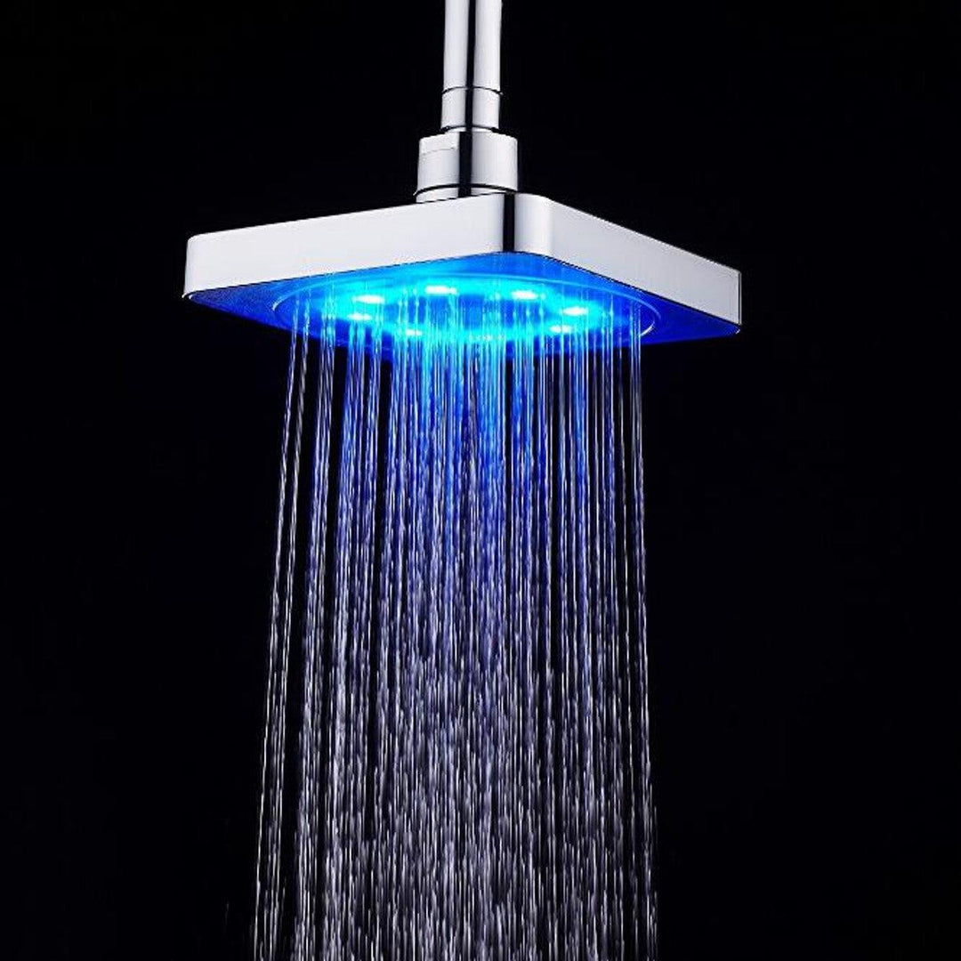 360° Adjustable 6 Inch LED Light Square Rain Shower Head Stainless Steel 3 Color Changing Temperature Control Bathroom Showerhead - MRSLM