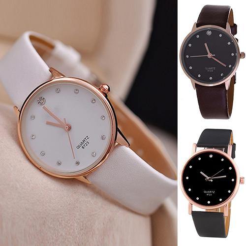 Women's Fashion Faux Leather Band Wristwatch Rhinestone Inlaid Quartz Watch - MRSLM