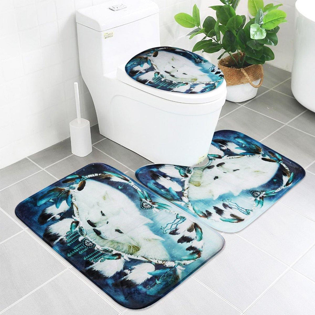 B68916 White Wolf Dream Catcher Bathroom Shower Curtain Lid Toilet Mat Cover Bath Floor Mat - MRSLM