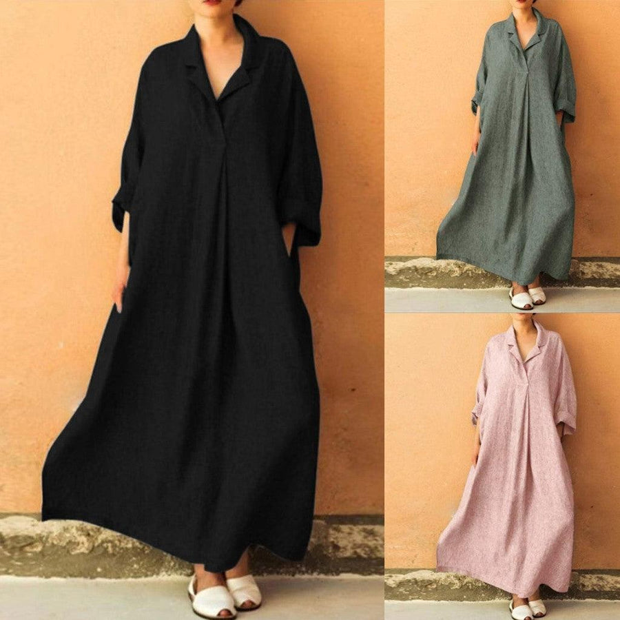 Women Dress Loose Casual Ankle Length Office Lady Dress Solid Lantern Sleeve Bohemian Loose Waist Women Dress - MRSLM