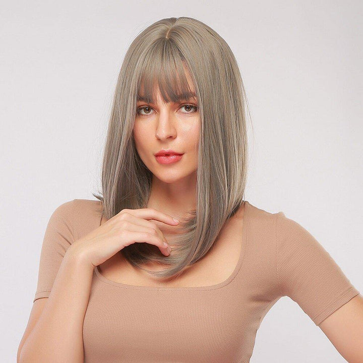 18 Inch Gray Mixed Color Medium-Length Straight Hair Soft Natural Full Head Cover Wig - MRSLM