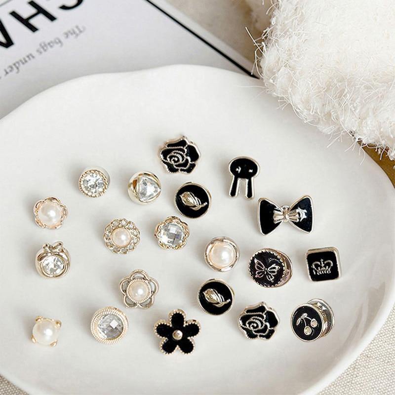 10pcs Button Brooch Set Imitation Pearl Rhinestones Pin Coat Clothes Accessories Gift Prevent Exposure Brooches for Women - MRSLM