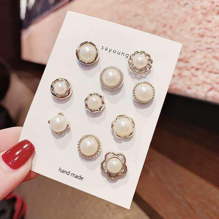 10pcs Button Brooch Set Imitation Pearl Rhinestones Pin Coat Clothes Accessories Gift Prevent Exposure Brooches for Women - MRSLM