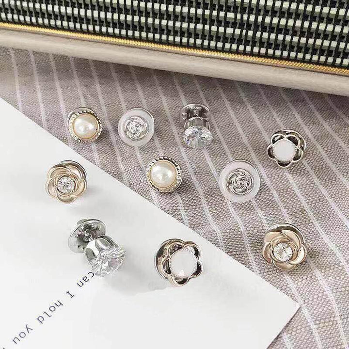 10pcs Button Brooch Set Imitation Pearl Rhinestones Pin Coat Clothes Accessories Gift Prevent Exposure Brooches for Women - MRSLM