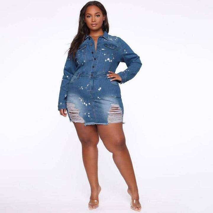 Turn Down Collar Denim Jacket-Dress for Women