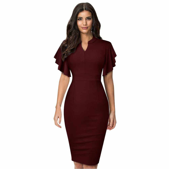 Women's Midi Pencil Dress with Ruffled Sleeves