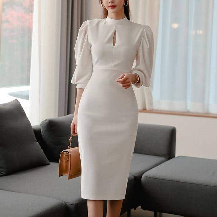 Women's Stand Collar Puff Sleeve White Dress