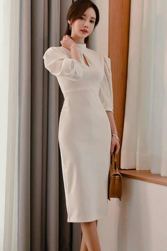 Women's Stand Collar Puff Sleeve White Dress