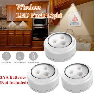 3PCS Wireless LED Cabinet Light Warm White Under Puck Lamp With Remote Control for Kitchen Closet - MRSLM